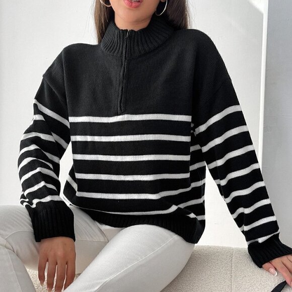 Preppy Striped Pattern Half Zipper Drop Shoulder Sweater - Picture 1 of 5